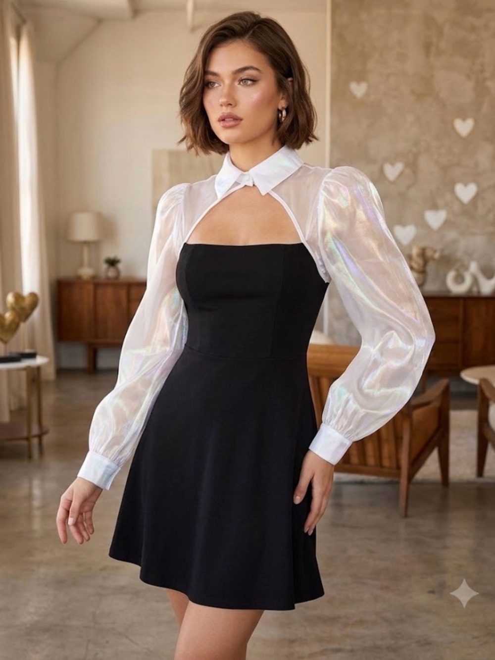 NWT SHEIN MOD Black Mini Dress Iridescent Puff Sleeves Cutout (ptp 17-18)